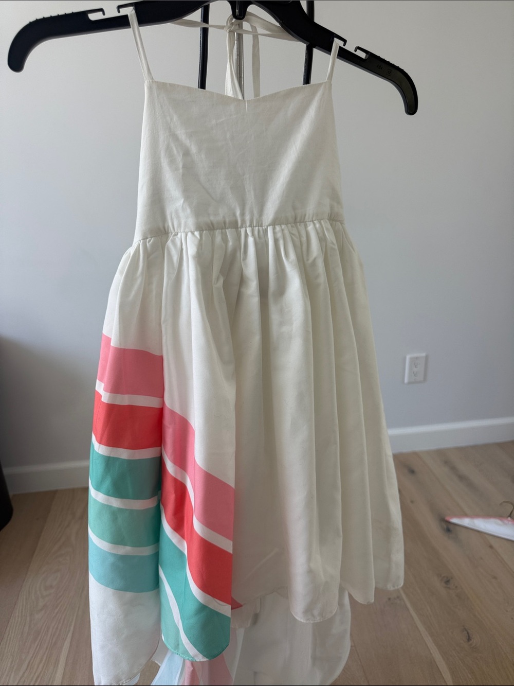 Girls White Sundress with Pink and Teal Stripe Accents